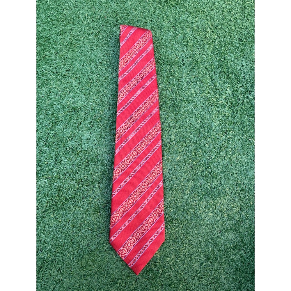 Canali Mens Red Silk Geometric Floral Striped Necktie Made in Italy